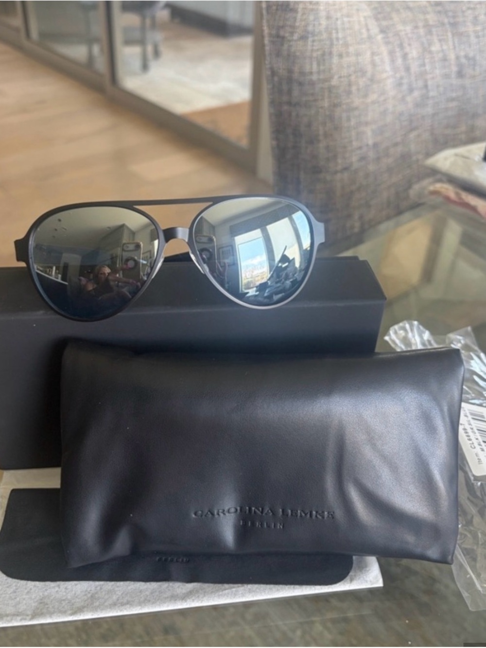 Carolina Lemke Berlin Black Aviator Sunglasses Mirrored Lenses Unisex NWT